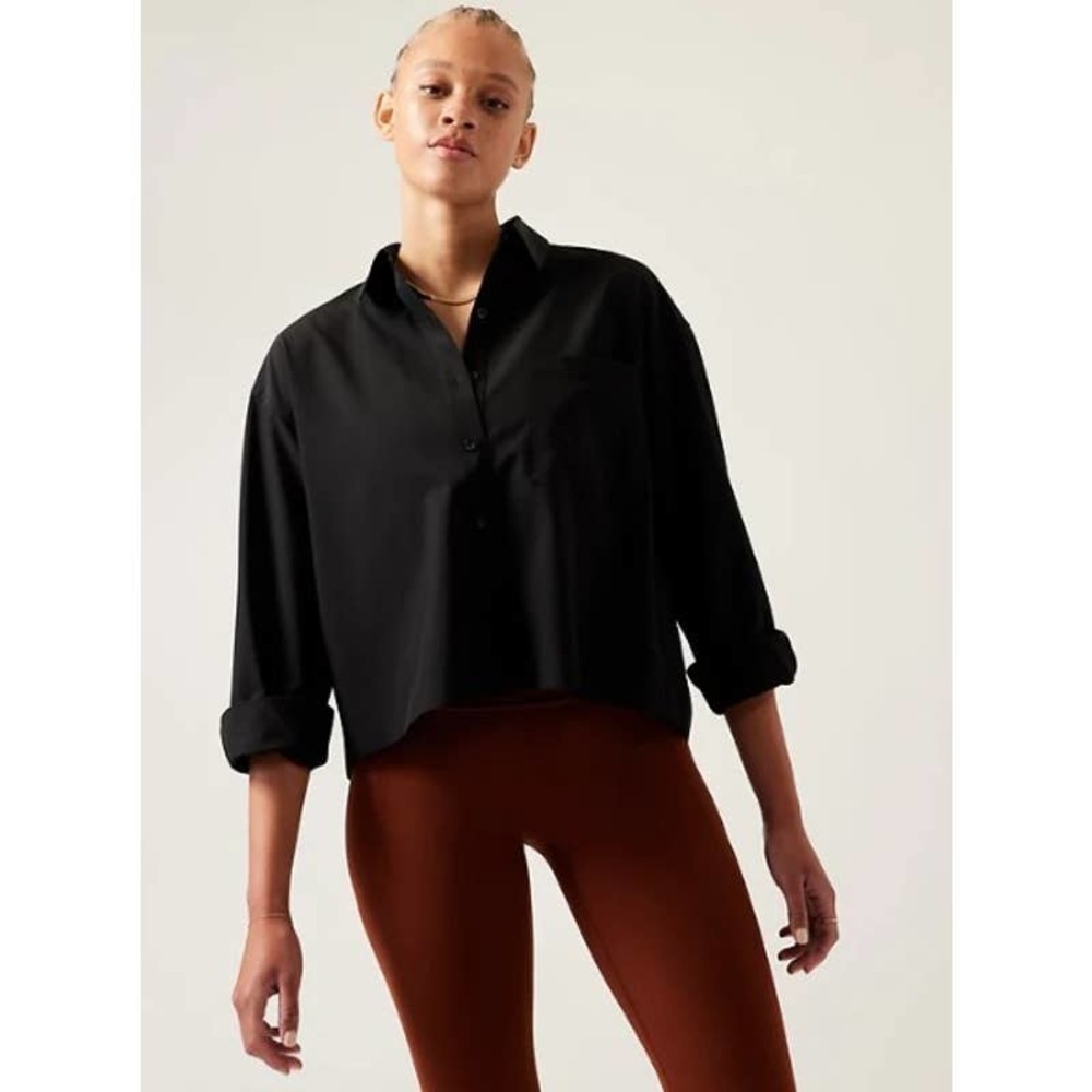 Athleta Black Long Sleeve Cropped Button Up Stretch Tech Top Plus Size 1X NWT